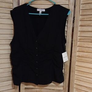 black Top vest L  button front V-Neck top with ruched waist